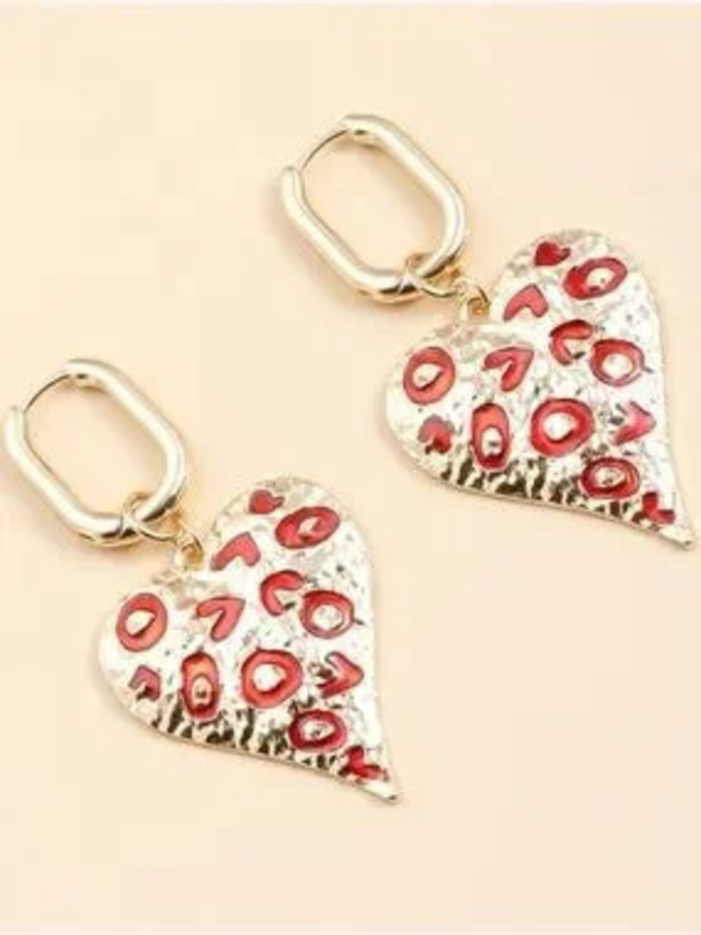 Anthropologie Gold Tone Heart Drop Earrings with Red Accents